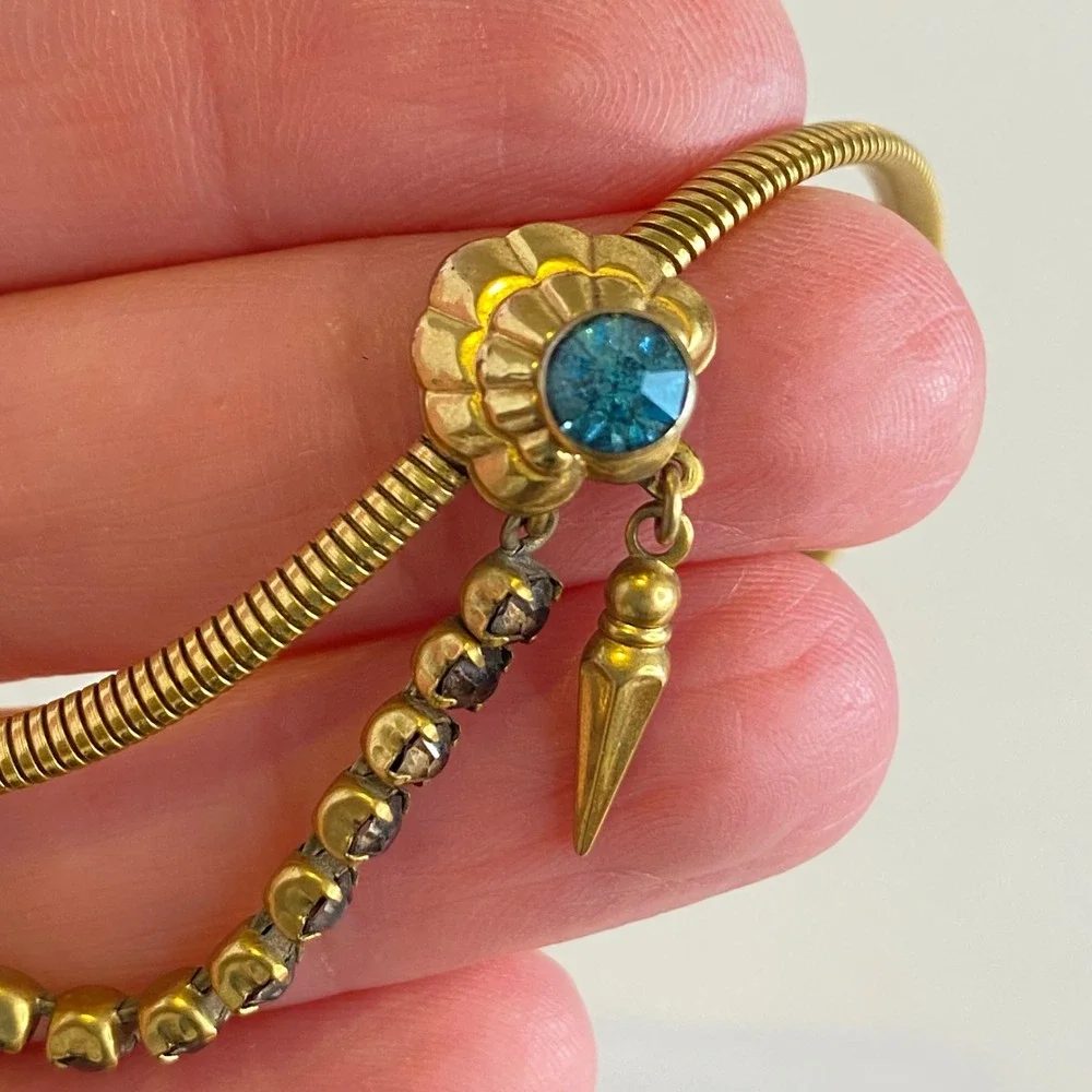 Vintage Gold‎ Filled Blue Rhinestone Festoon Snake Chain Spike Necklace 15
